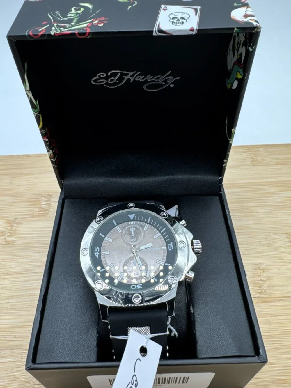 Ed Hardy Men's Silver Black Dial Black Silicone Band Quartz Watch